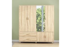 Keloyid Armoire Wardrobe Closet With 4 Doors, 2 Drawers - Wood Bedroom Cabinet, Freestanding Tall Storage With Shelves and 2 Hanging Rods