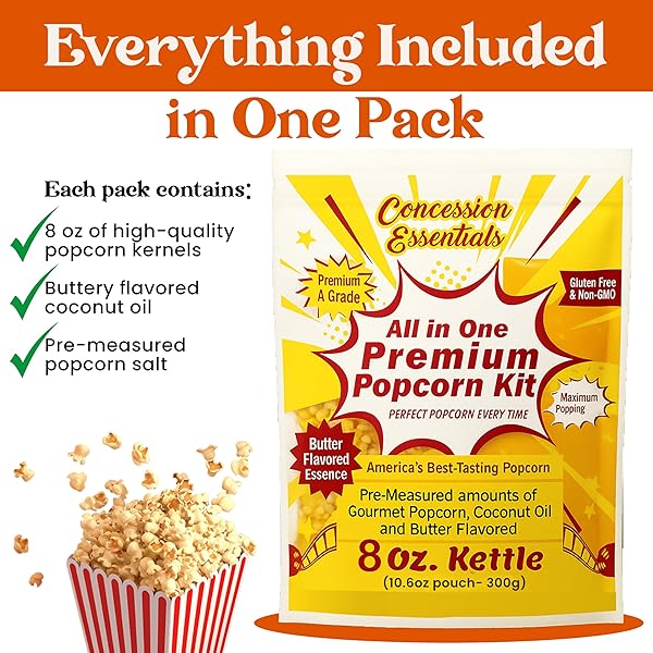 8OZ CONCESSION ESSENTIALS- POPCORN PORTION PACKS – KERNELS, OIL AND SALT -CASE OF 24CT