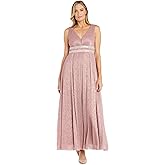 R&M Richards Women's Pleated Maxi Dress W/Illusion V-Neck, Embellished Waistband & Front Slit - Party & Cocktail Gown