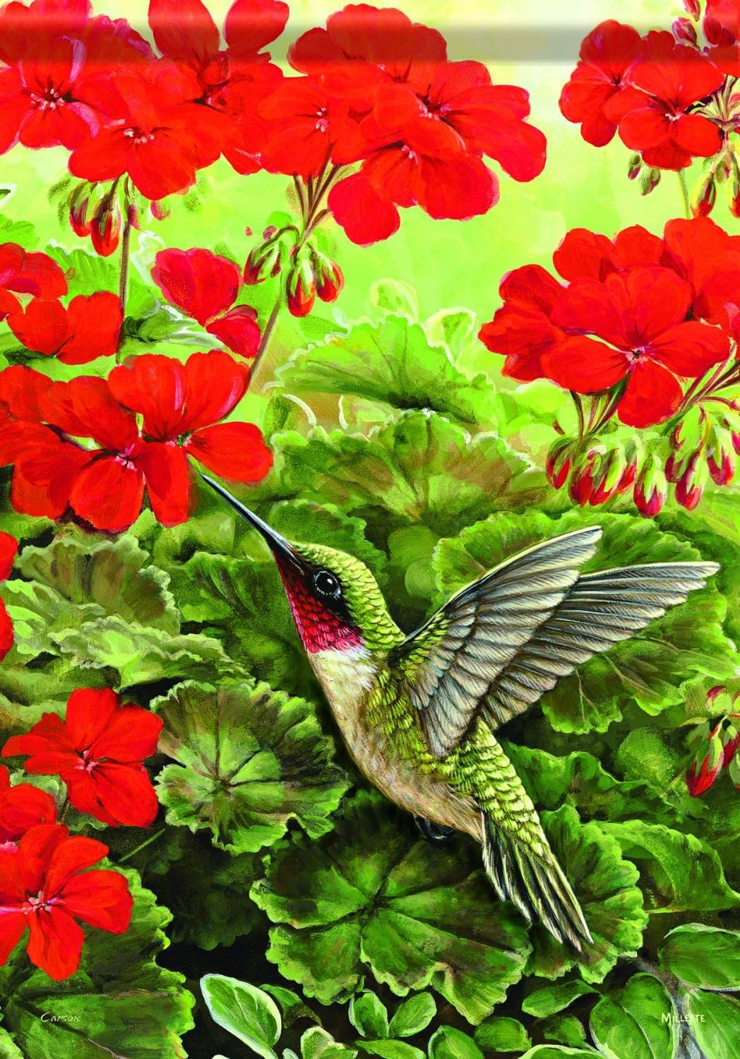 Flag Trends-Hummingbird Splendor Red Geranium Dura Soft Dbl Sided Flag 28x40
