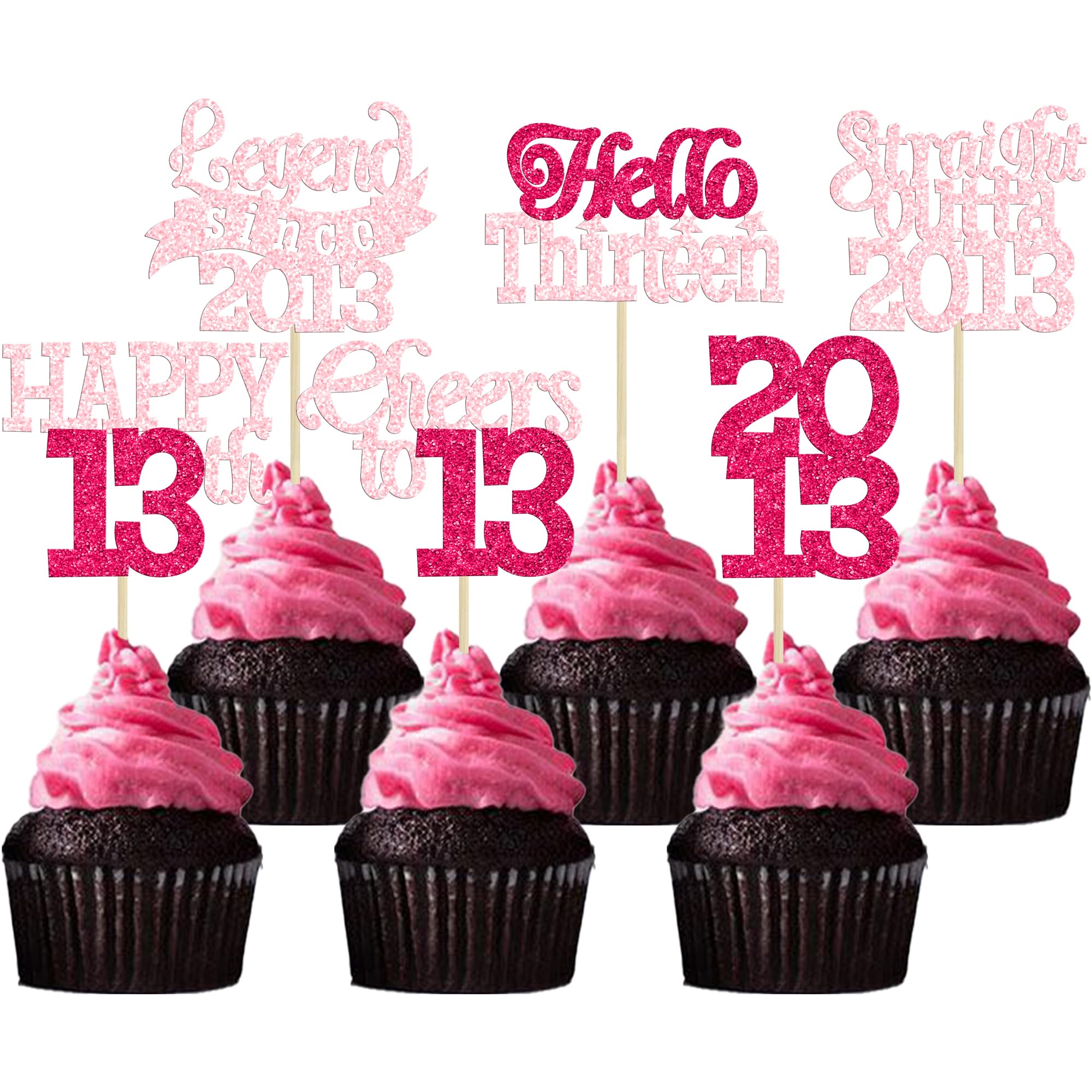 Gyufise 24Pcs Happy 13th Birthday Cupcake Toppers Hello Thirteen Legend Since 2013 Cupcake Picks Cheers to 13 Years Cake Decorations for 13th Birthday Anniversary Party Supplies Pink Rose Red