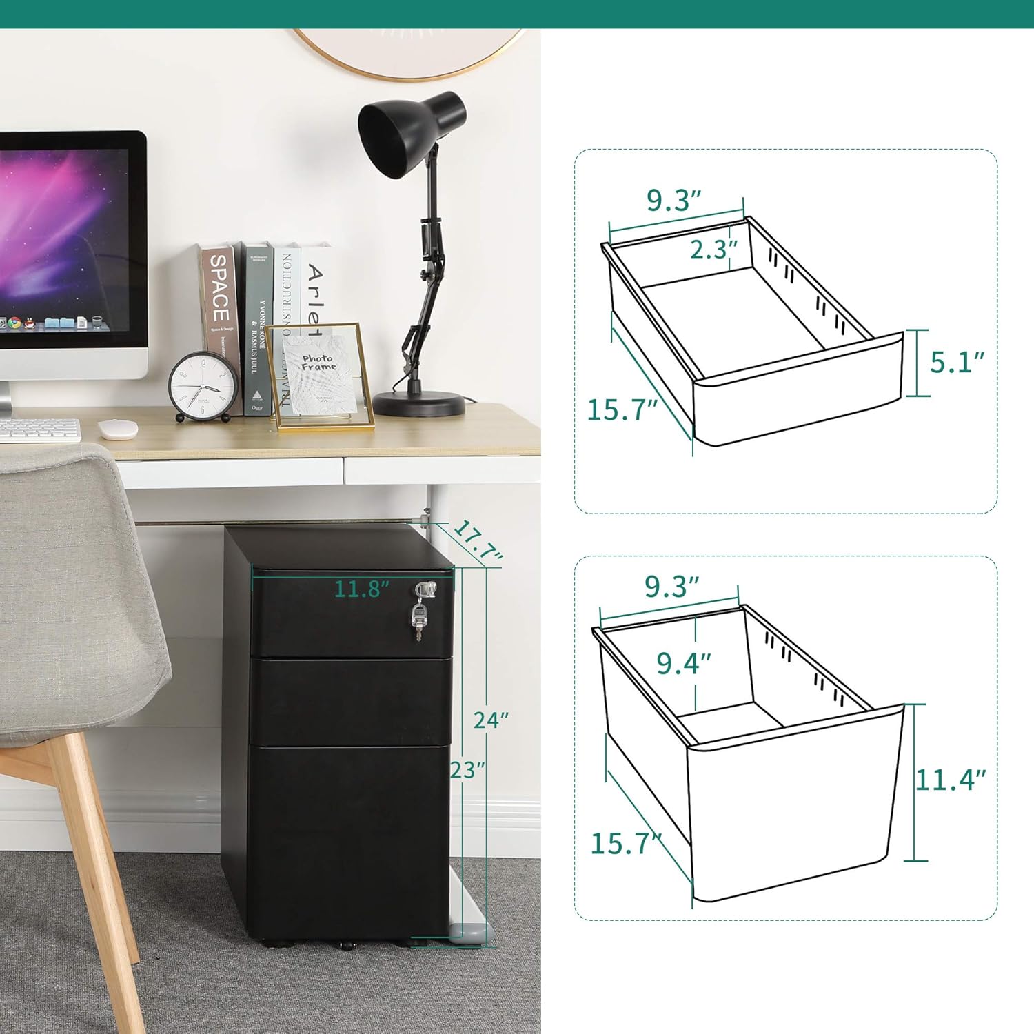 YITAHOME 3-Drawer Metal Filing Cabinet Office Drawers with Keys, Compact Slim Portable File Cabinet, Pre-Built Office Storage Cabinet for A4/Letter/Legal (Black): Furniture & Decor