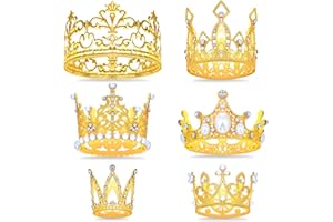 JOERSH 6PCS Crown Cake Toppers, Mini Gold Crown for Flower Bouquet of Valentine's Day, Crystal Pearl Vintage Tiara Queen Princess Theme Cake Decoration for Birthday Wedding Party Decor