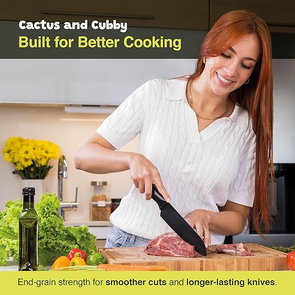 CACTUS & CUBBY PREMIUM BAMBOO CUTTING BOARD. DELUXE DEEP CARBONISED END GRAIN WOODEN CUTTING BOARD. 16.5″ X 11.8″. PRE-OILED BUTCHER BLOCK FOR PREPPING & SERVING. KNIFE FRIENDLY