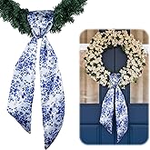 YKW Wreath Sash for Front Door Blue Rose Floral Chinoiserie Decor 55x5 Inch Ribbon Accessories Garland Bow Monogram Home Party Yard Indoor Outdoor Decoration (Chinoiserie Blue Floral)