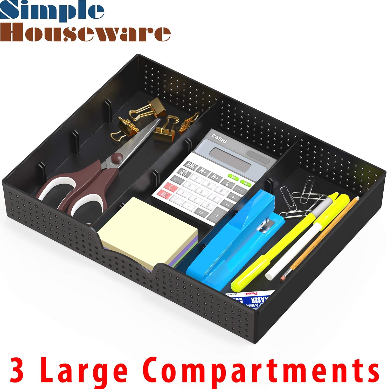 Simple Houseware Drawer Organizer Tray with 9 Adjustable Compartments, Black : Office Products