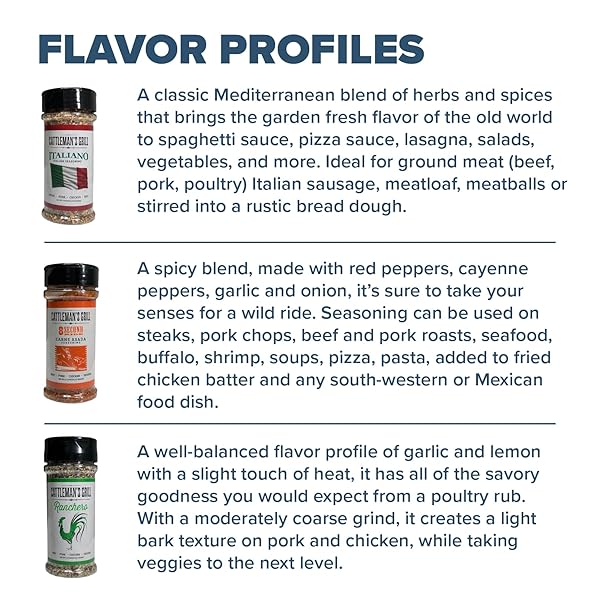 CATTLEMAN’S GRILL 3-PACK GIFT SET BBQ RUB 8 SECOND RIDE CARNE ASADA, ITALIANO, RANCHERO FLAVORS RUB AND SEASONING FOR STEAK, PORK, CHICKEN, BEEF, VEGGIES 5 TO 6OZ BOTTLES BY PINNACLE MERCANTILE
