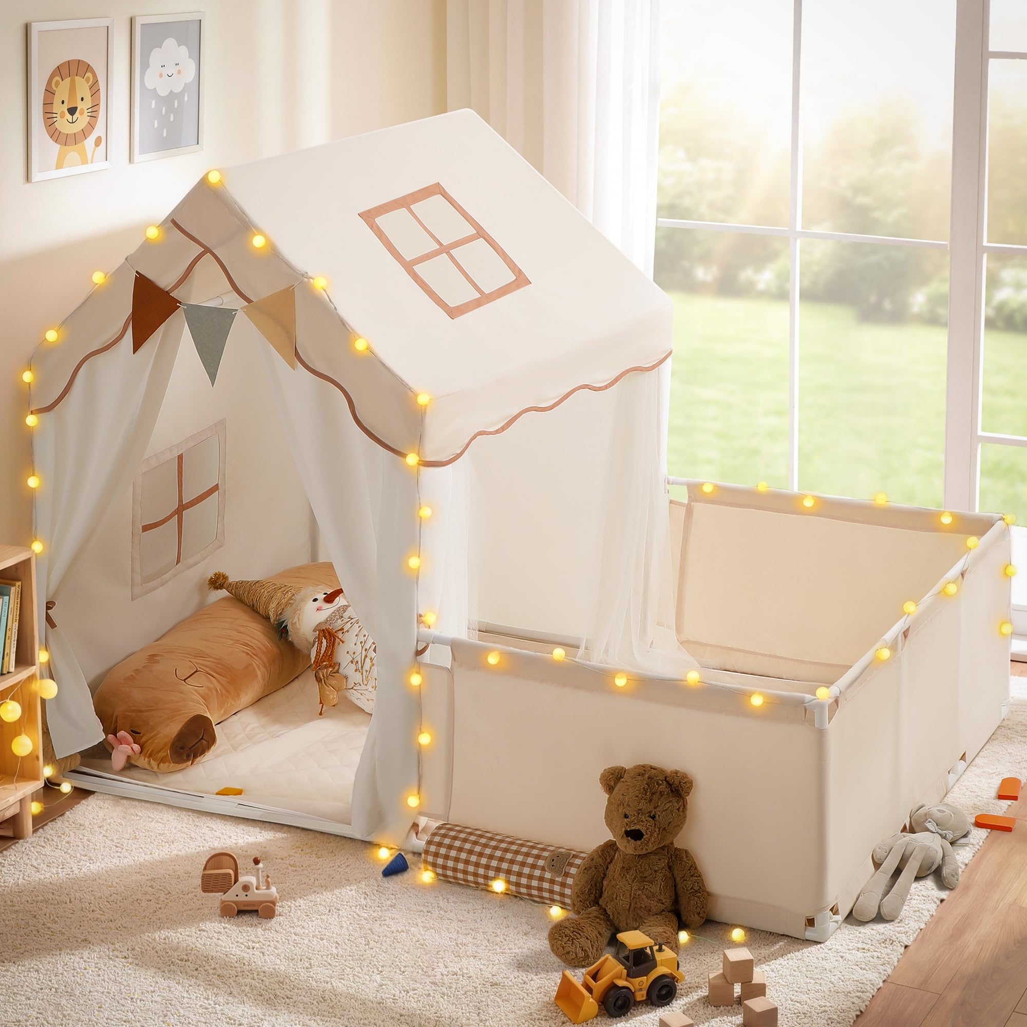 besrey 2-in-1 Kids Play House Tent for Girls & Boys – Indoor Toddler Tent with Lights & Pad, Children Tents for Kids & Toddlers, Large Bed Tents, Princess Playhouse with 2 Doors with fence — image 1