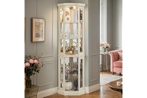 CKEASEAN Corner Curio Cabinet, 70" H Lighted Glass Display Cage with Tempered Glass Doors and Adjustable Shelves, Bulb Inclued, Wine Bar China Cabinet for Living Room Liquor Storage (White)