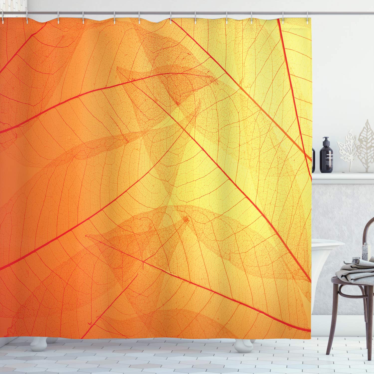ABAKUHAUS Orange Shower Curtain, Autumn Nature Fall Season Themed Dried Leaves with Skeleton Vivid Veins Close, Cloth Fabric Bathroom Decor Set with Hooks, 86 Inches Extra Long, Orange Yellow