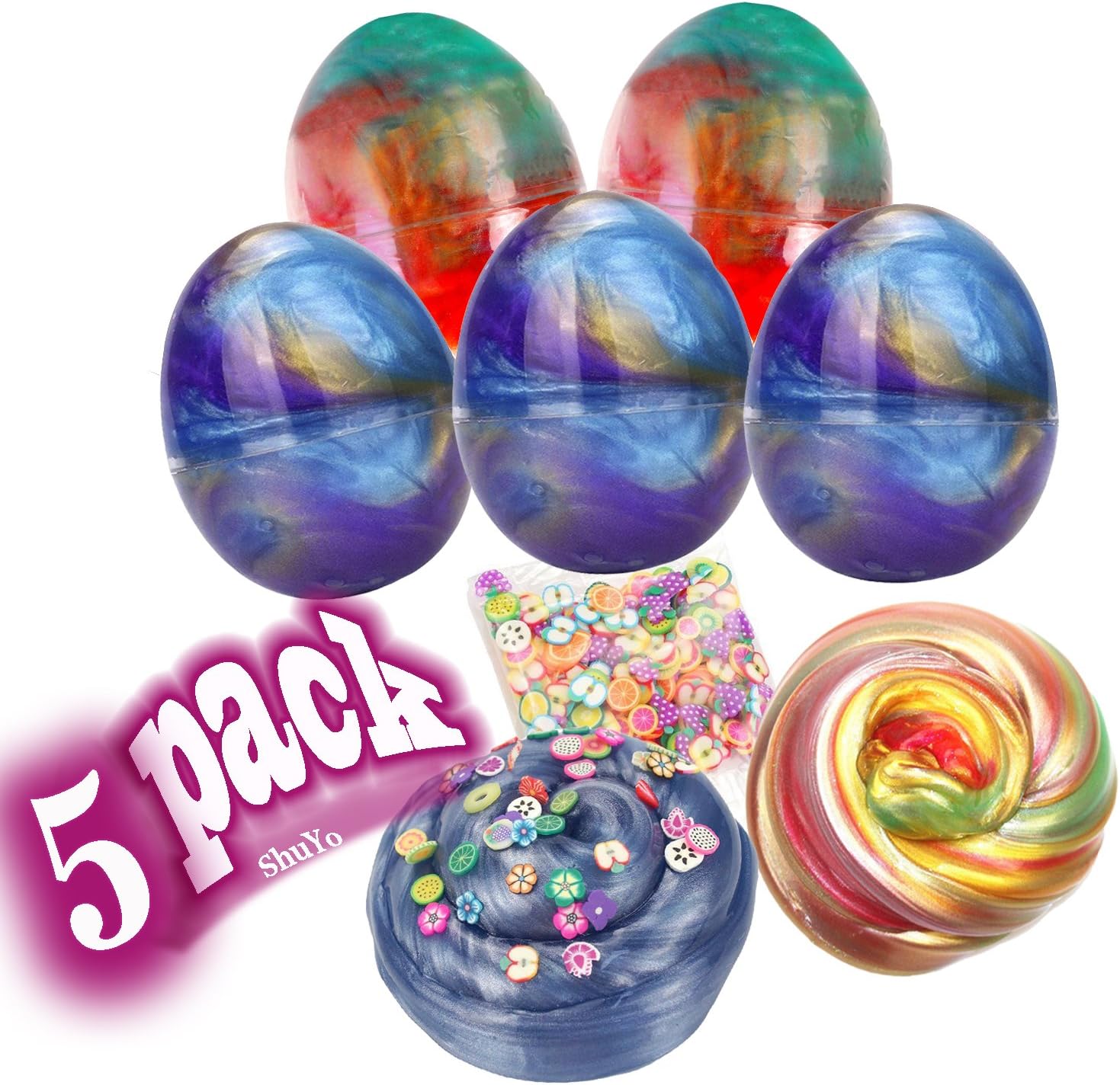Galaxy Fluffy Slime, ShuYo 5pcs Colorful Soft Egg Slime Putty Magic DIY Clay Stress Relief Toy No Borax and Non Toxic Scented for Children and Adults Soft - Non-Sticky 13 OZ