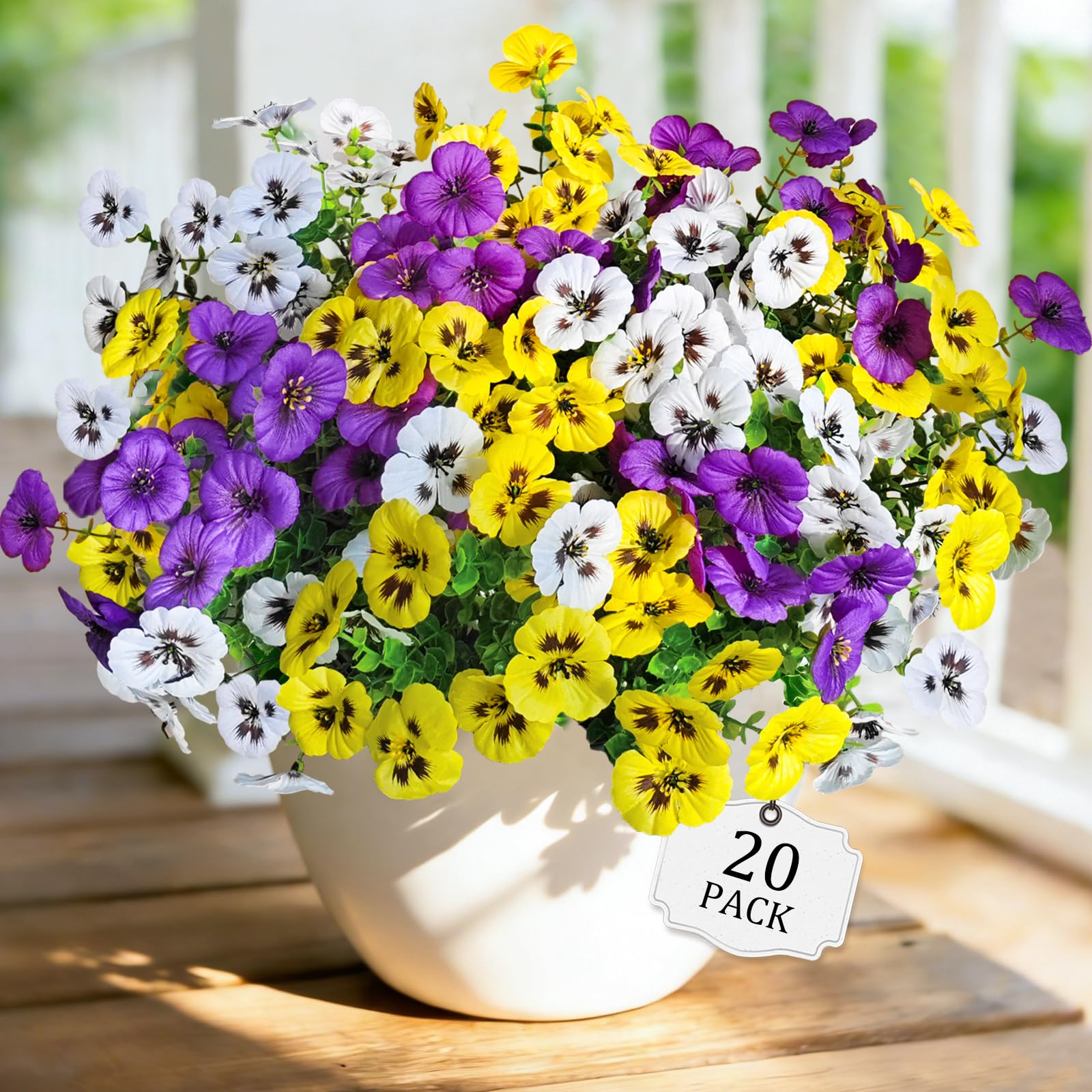 20 Pcs Artificial Fake Pansy Flowers for Outdoors, Faux Silk Pansies Spring Flowers UV Resistant Artificial Plants Outdoor for Planter Front Door Porch Yard Patio Home Decor(Purple Yellow White)