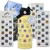 BlueTrail 50 States Water Bottle with Stickers - 32 oz Insulated Stainless Steel, Upgraded Leak-Proof Lid, UV & Waterproof Permanent Stickers, Laser Engraved 50 States of the USA (Lemon Frost)