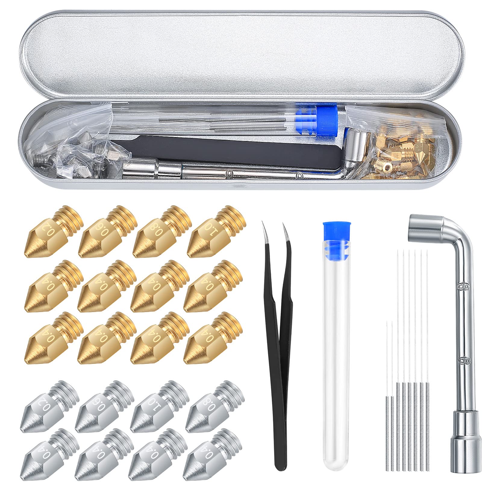 20 Pcs 3D Printer Nozzle Kit, MK8 Nozzles Extruder Nozzles with Nozzle Cleaner Tool, 0.2mm 0.4mm 0.6mm 0.8mm 1.0mm Brass Stainless Steel Printing Nozzles Head for Creality CR-10/Ender 3/5