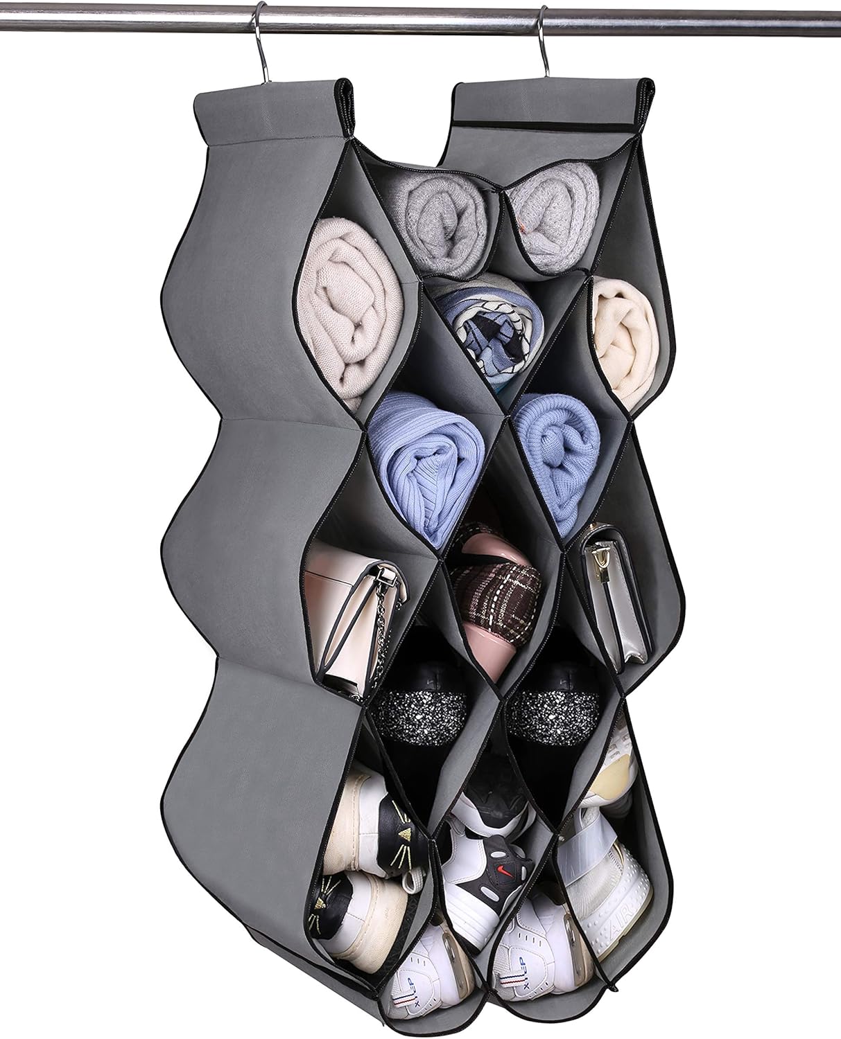 Amazon Com Sleeping Lamb Large Capacity Hanging Shoe Organizer For Closet Rod 17 Pockets Sweater Clothes Purse Caps Storage Bag Grey Home Kitchen