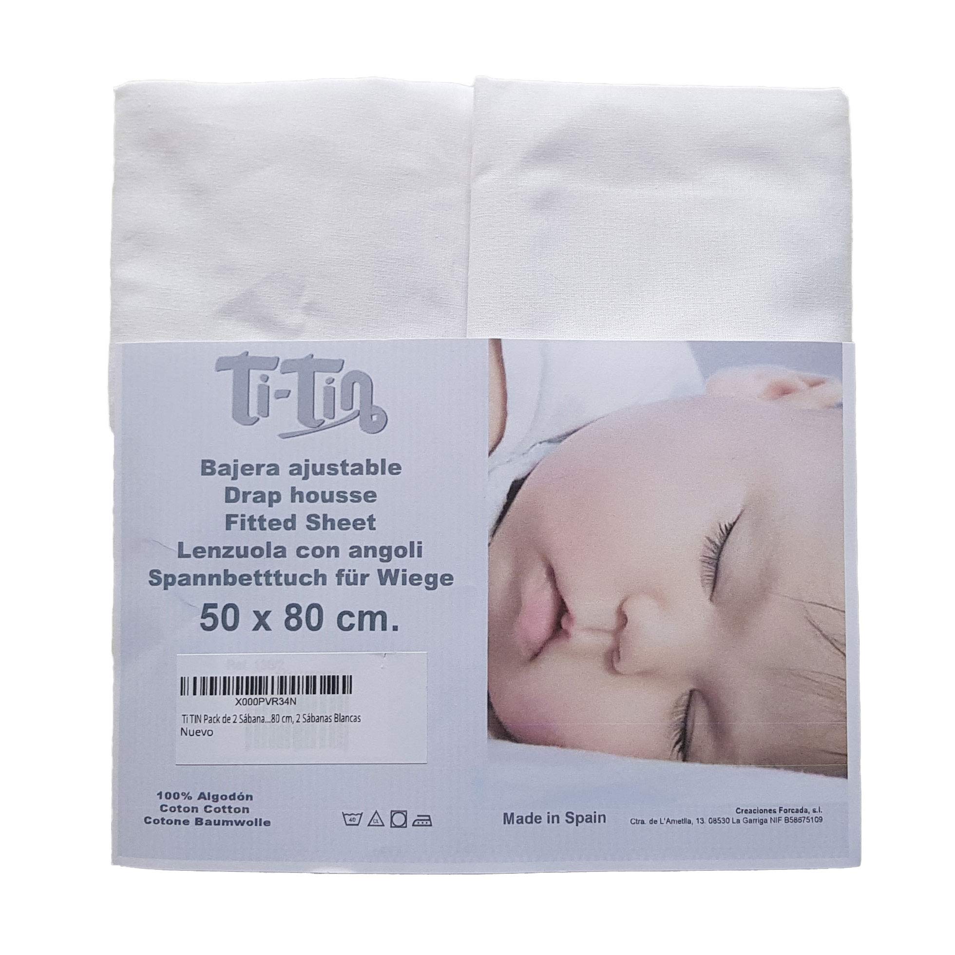 Ti TIN Pack 2 Fitted Sheets for minicot / 100% Cotton/Adjustable with Elastics, 50x80 cm, 2 White Sheets