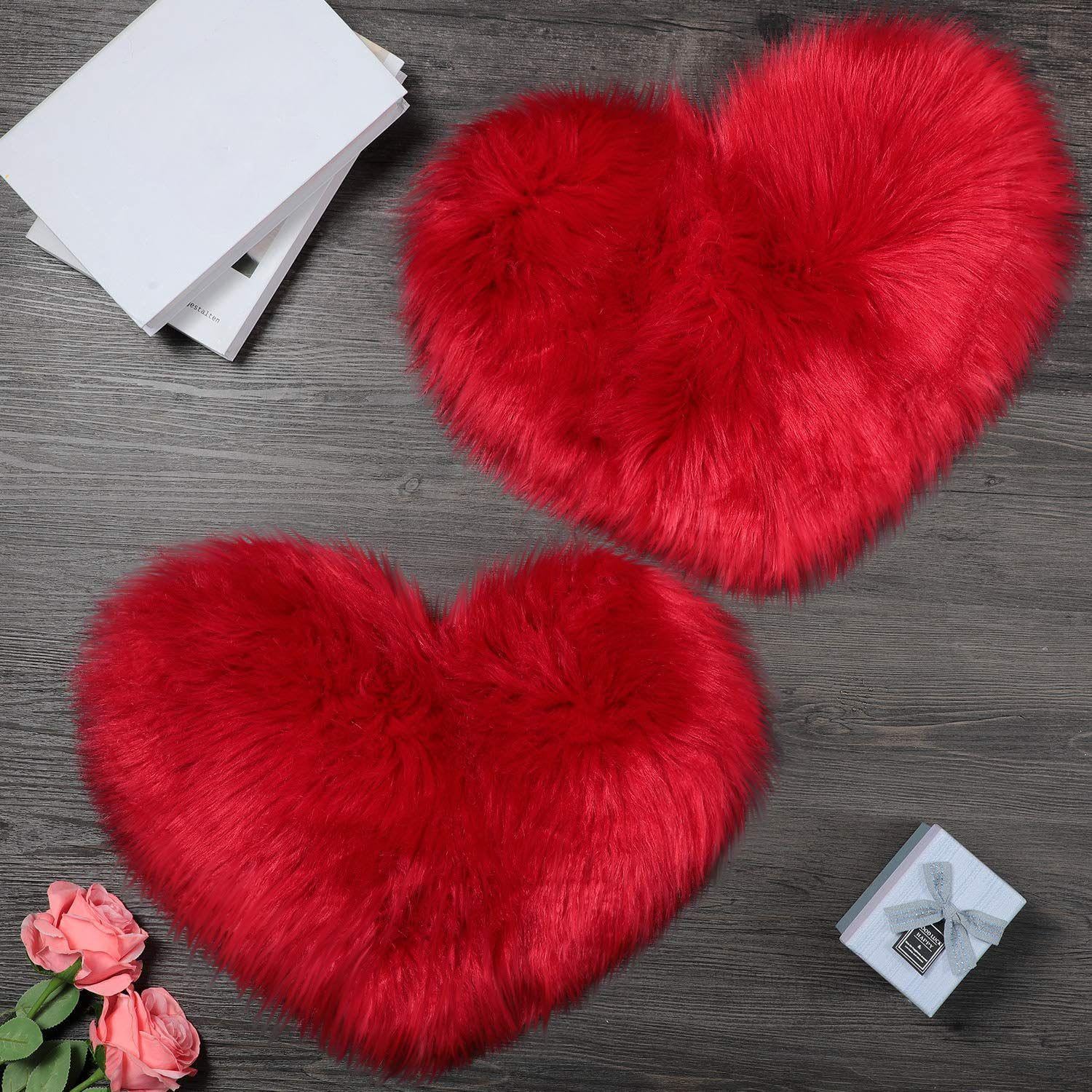 2 Pieces Fluffy Heart Shaped Rug Faux Area Rug Bushy Room Carpet for Home Living Room Sofa Floor Bedroom, 12 x 16 Inch (Red)