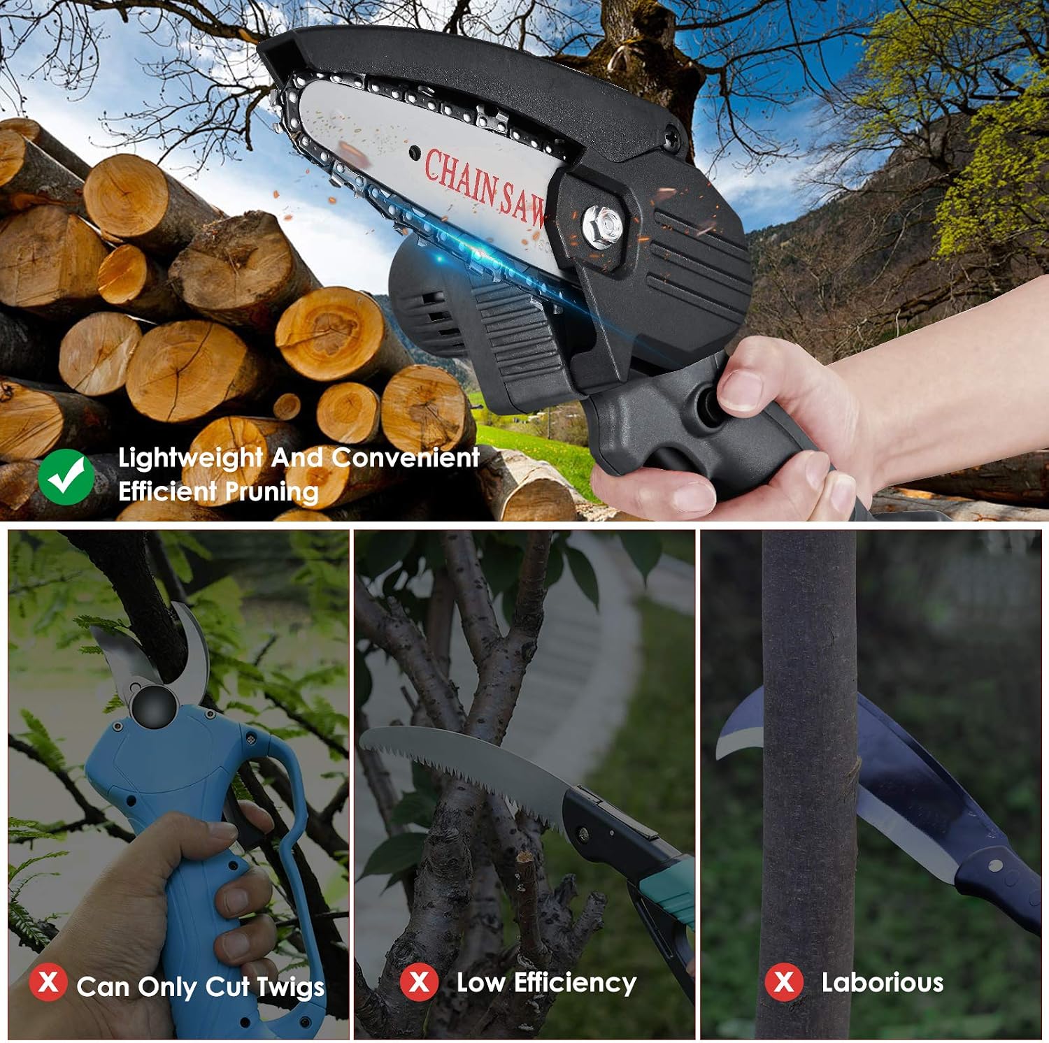 S SMAUTOP Electric Cordless Chainsaw, 4 Inch Hand-Held 24V Rechargeable ...