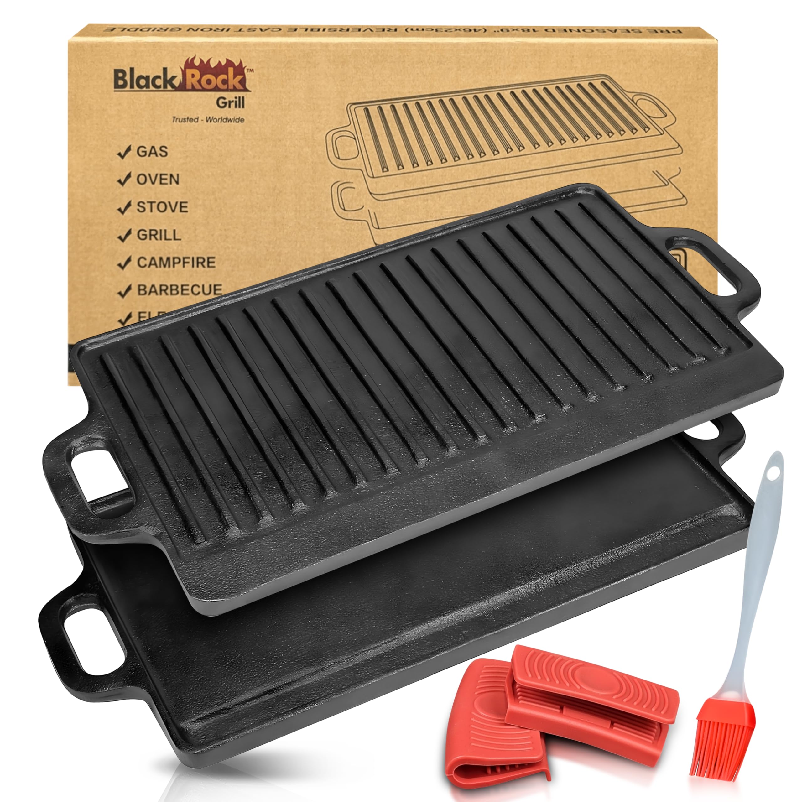 Black Rock Grill Cast Iron Griddle Reversible Pan - BBQ Griddle Plate for Gas bbq, Electric or Gas Hob, Oven- 46cm x 23cm (18 inch x 9 inch), Includes Silicone Grip Handles & Marinating Food Oil Brush