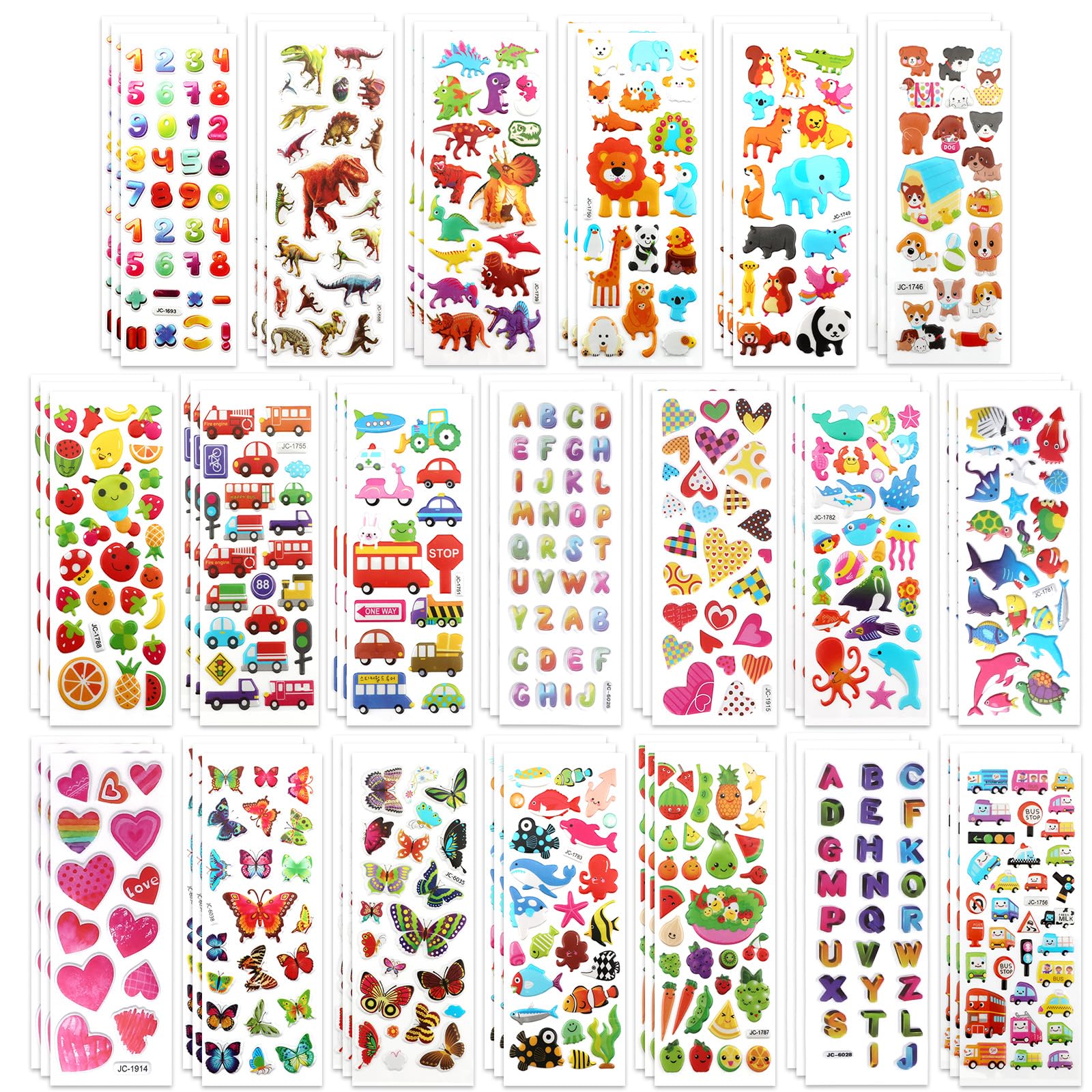 60 Sheets 3D Stickers for Kids & Toddlers, Self-Adhesive Puffy Stickers Variety Pack Includes Animals Letters Numbers Fruits for Rewarding Gifts for Children Scrapbooking DIY Crafts or Party