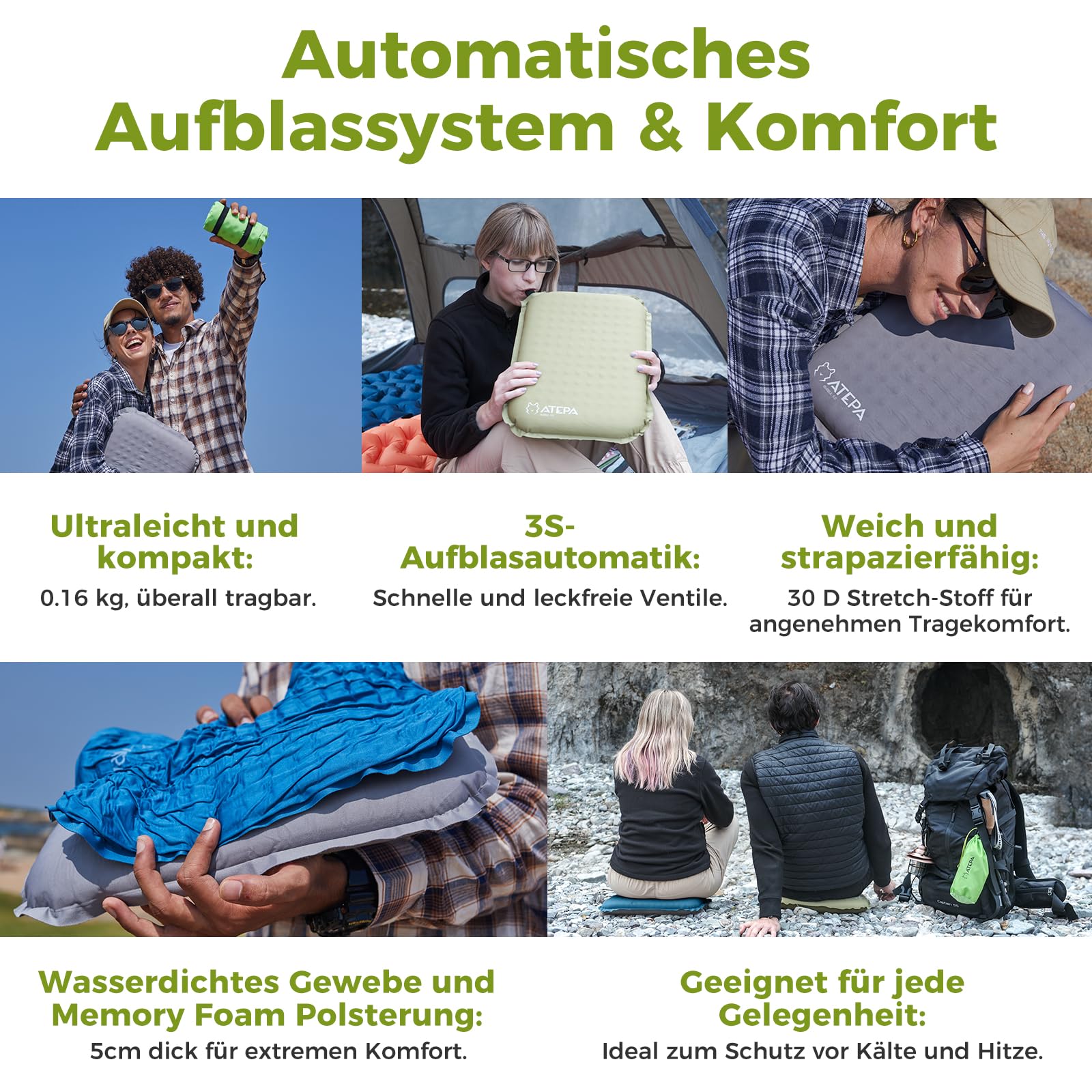 ATEPA Sitzkissen Outdoor, Faltbar Aufblasbar Stadion Flugzeug Unterwegs Camping Wander Bürostuhl Ultraleicht Foam Selbstaufblasend Sitzkissen, Grau 6
