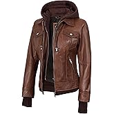 fjackets Hooded Leather Bomber Jacket Women - Real Lambskin Womens Leather Jacket with Removable Hood