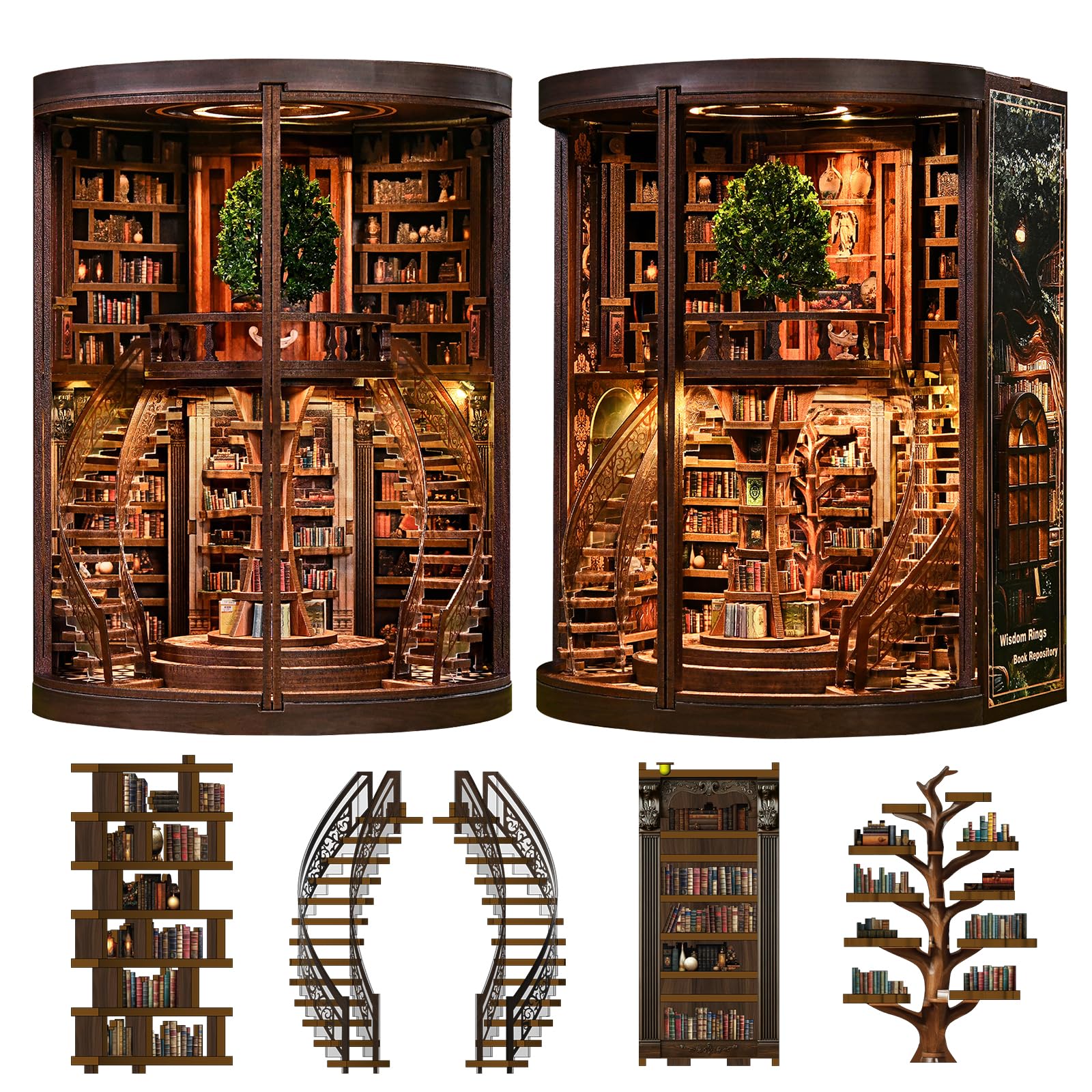 Spilay Book Nook Kit for Adults, Wisdom Rings Book Repository DIY Miniature House Kit with LED Light, Creative 3D Puzzle for Relaxation & Desk Decor, Soothing Crafts for Teens Adults