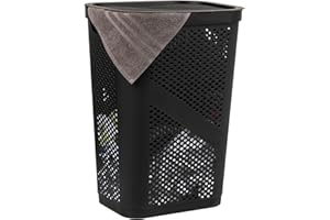 Mind Reader Slim Laundry Hamper with Lid, 60L Clothes Basket, Ventilated Plastic, Black