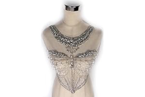Labellezalady New Gold Silver Rhinestones Bodice and Neck Applique Handmade Glass Crystal Applique Patch for Dress Cloth by Piece (Silver-23009)