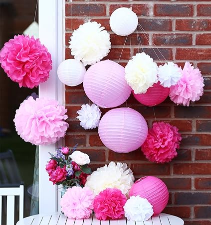 18 Stück Set Seidenpapier Pompoms Blumen und Papierlaterne Party, Geburtstag, Weihnachten Baby Duschen und Hochzeit Dekoratio