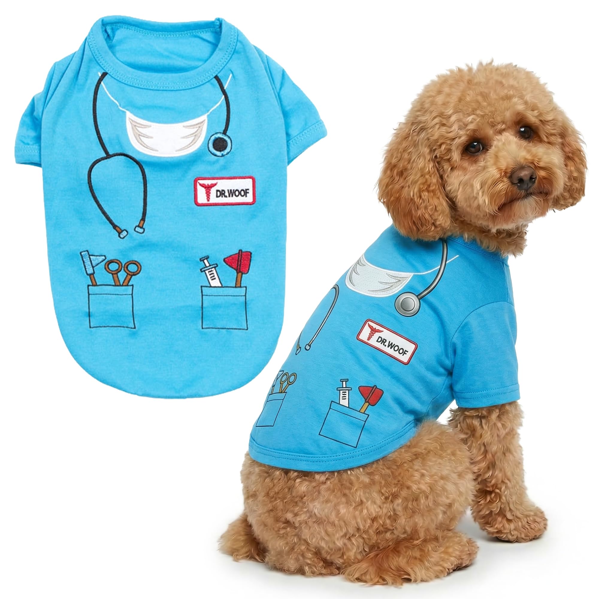 Parisian Pet - Funny Dog Cat Pet Costumes, Shirt Outfits for Halloween - Police, Prisoner, Ketchup, Mustard, Doctor, Firefighter, Sailor, Pirate (Dr Woof - Doctor, L)