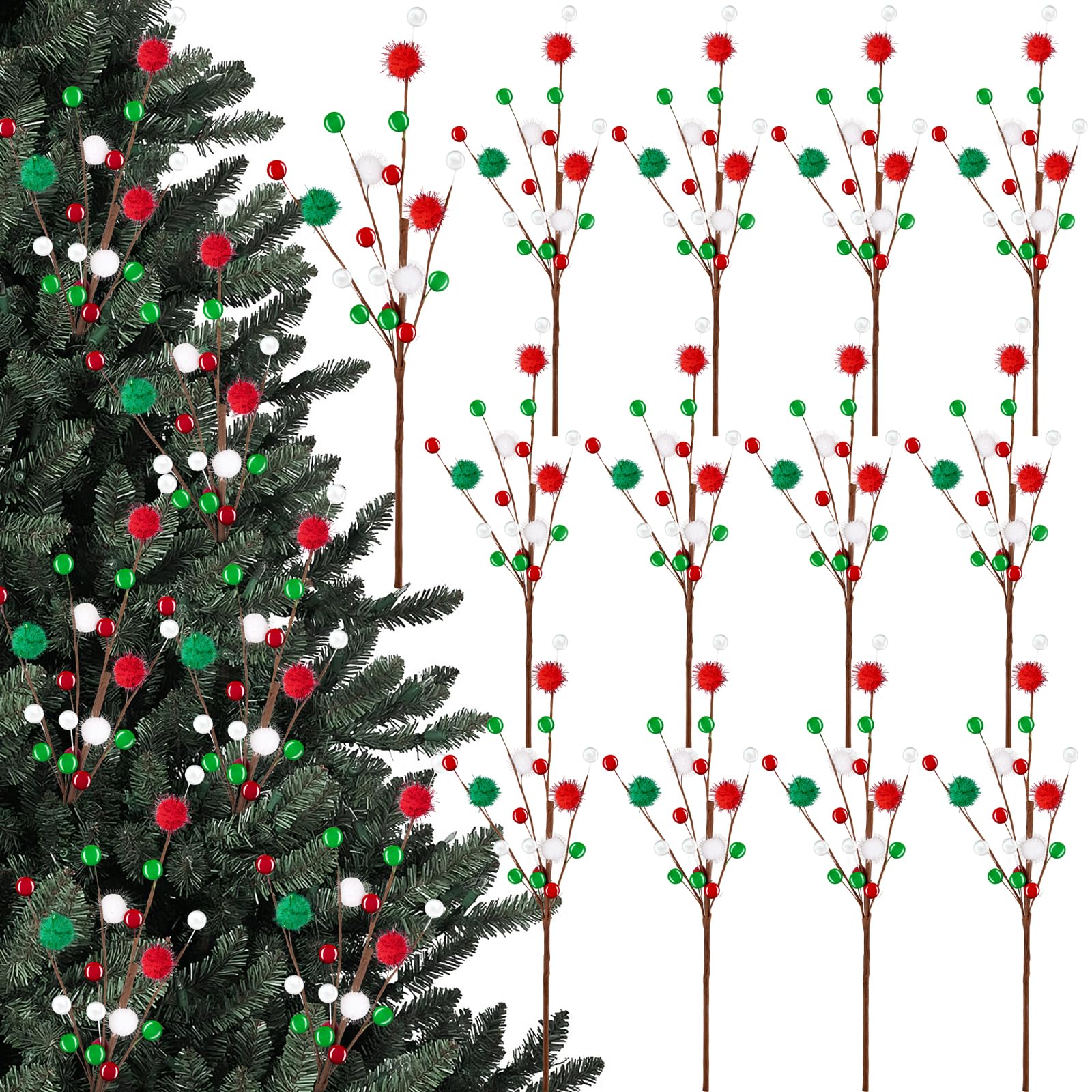 Photo 1 of 12PCS Christmas Tree Decorations Red Green Picks Berry Stems Xmas Ornaments Floral Pick with Beads Balls for Tree Topper Vase Home Table Decor