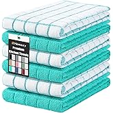 Homaxy Premium Cotton Kitchen Towels 16"x 28", Large Natural Ring Spun 390 GSM Dish Towels, Super Absorbent Terry Kitchen Hand Towels, Soft Tea Towels with Hanging Loop, Aqua Check Design, 6 Pack