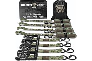 Ratchet Straps Tie Down Kit Incl. (4) Heavy Duty Rachet Tiedowns (1.6" x 15') with Coated S Hooks + (4) Soft Loop Tie-Downs (17") - 5,208 Total Break Strength by Straight Jacket Crew (Camo)