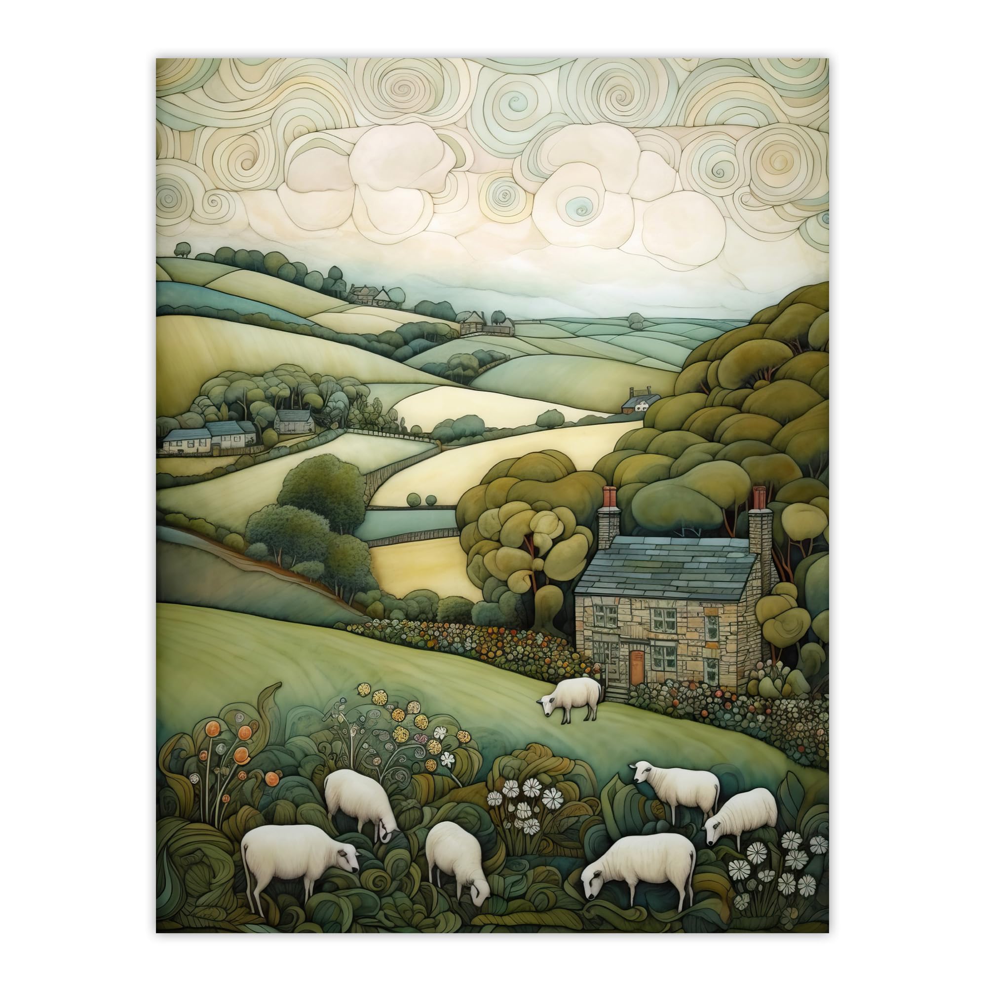 Artery8 Sleepy England By Celia Hapton Quirky Lake District Scene Rolling Hills Grazing Sheep Extra Large XL Wall Art Poster Print