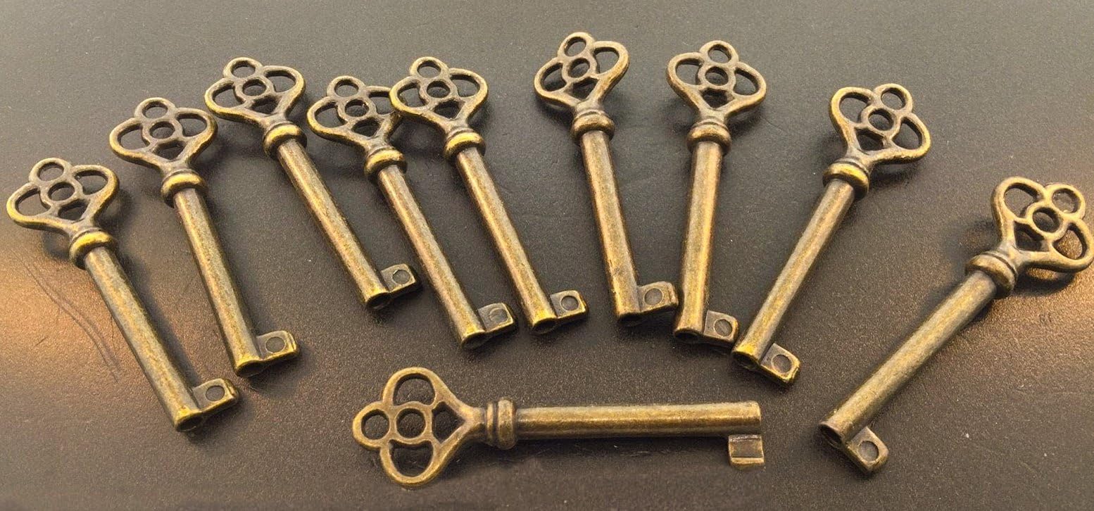 Antique Vintage Door Key Set of 10 Brass Keys Skelton Drawer