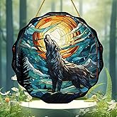 JUNWALL Jungle Wolf Acrylic Window Hanging, Full Moon The Wolf Howls Stained Acrylic Window Decor Hanging Ornaments Indoor Outdoor Garden Stained Art Panel Gift for Women Christmas Thanksgiving