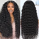 Flyzhuim 13x6 Deep Wave Lace Front Wigs Human Hair True 200 Density 28 Inch Pre Plucked Deep Wave Wig Human Hair 12A Glueless Wet and Wavy Curly Lace Frontal Wigs For Women Natural Black Color