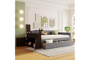 HARPER & BRIGHT DESIGNS Upholstered Daybed with Storage Armrest and 2 Drawers, Multi-functional Velvet Daybed with Cup Holder and a set of USB Ports and Sockets for Living Room Bedroom (Twin Size, Gray)