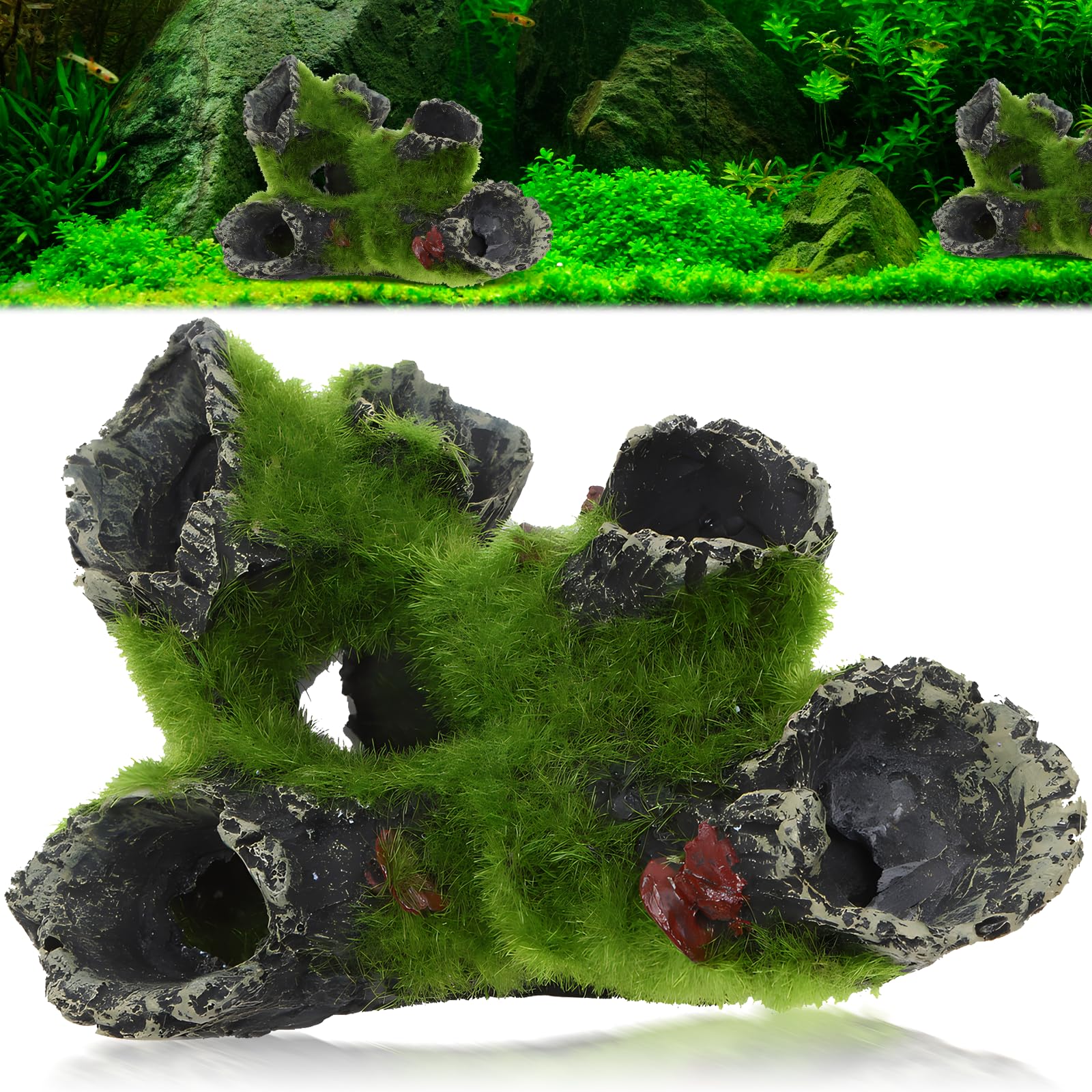 HPiano Resin Aquarium Tree Decoration Artificial Driftwood For Fish Tank, Aquarium Rock Cave Decoration with Green Grass for Fish Shrimp Hiding Aquarium Ornament Pet Supplies