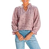 Benfoly Women's Casual Business Eyelet Lace Blouses Tops V Neck Elegant Boho Tops Work Dressy Shirts Hollow Out Spring Summer