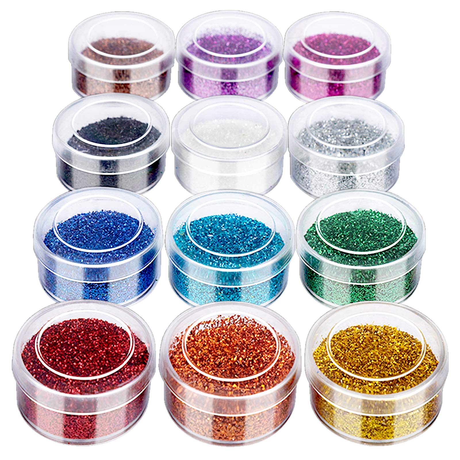 FANDAMEI 12 Pots Extra Fine Glitter for Arts & Crafts, Acrylic Nail, Face, Body, Eye, Hair, Lips, Card Making, Scrapbooking - Cosmetic Powder for Nail Art