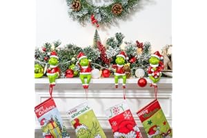 Hismir Christmas Stocking Holders for Mantel Set of 4, Weighted Stocking Holders Hook for Mantel Fireplace, Hand-Painted Green Xmas Monster Cute and Funny Thief Stole Decorations for Home Indoor
