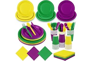 durony 192 Pieces Mardi Gras Party Decorations Masquerade Party Plates Cups Napkins Plastic Forks Knives Spoons Mardi Gras Party Disposable Tableware for Carnival Festival Birthday Party Supplies