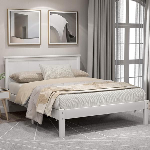 Amazon Com Mooseng 14 Inch Platform Construction With Headboard And Non Slip Tape Solid Wood Bed Frame No Box Spring Needed Easy Assembly Full Home Kitchen