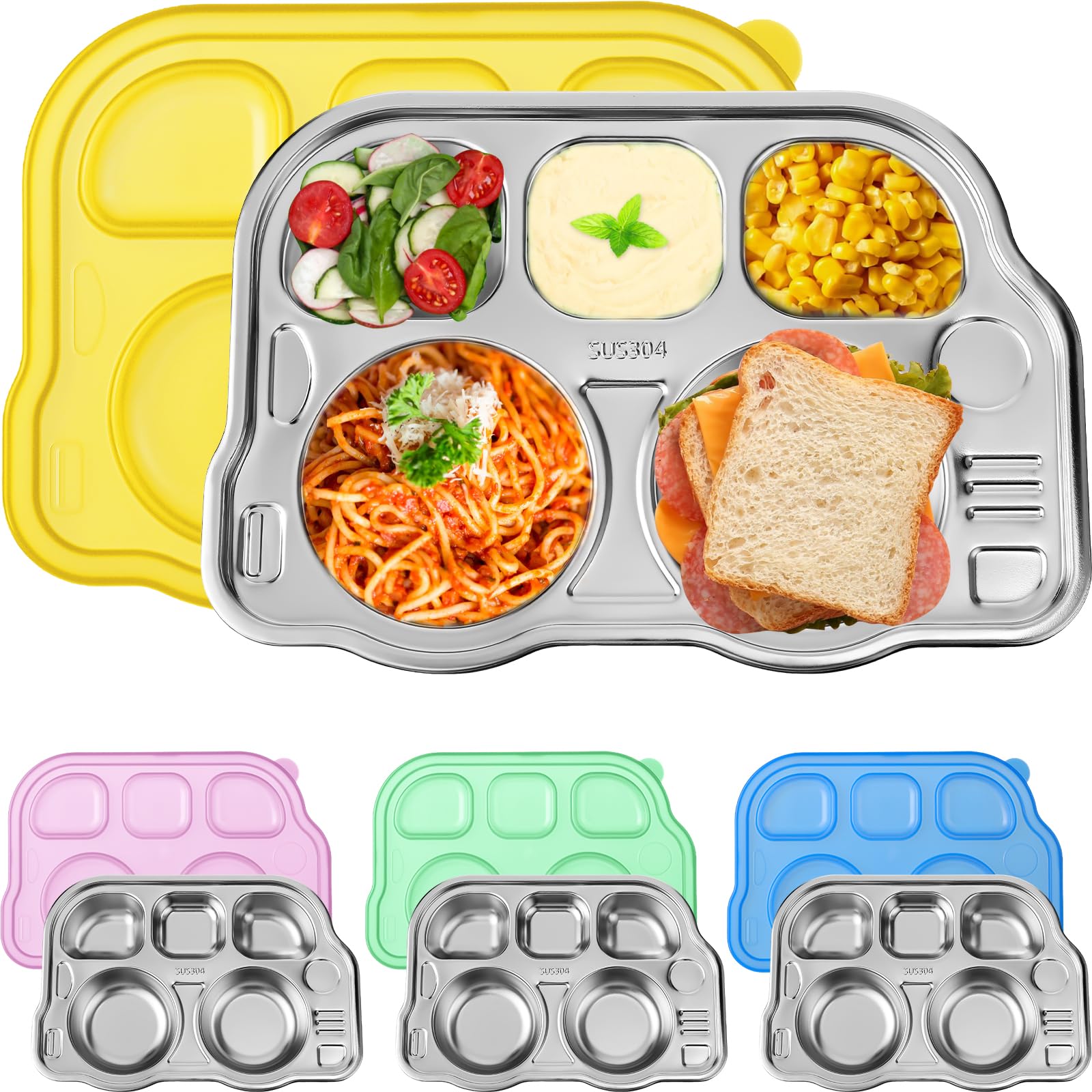 Photo 1 of Layhit 4 Pcs Stainless Steel Baby Plates Divided Kids Diet Control Dinner Cute Unbreakable Toddler Plates with Lids for Baby Snack Dinner Lunch Camping Serving Dishes(Bus)
