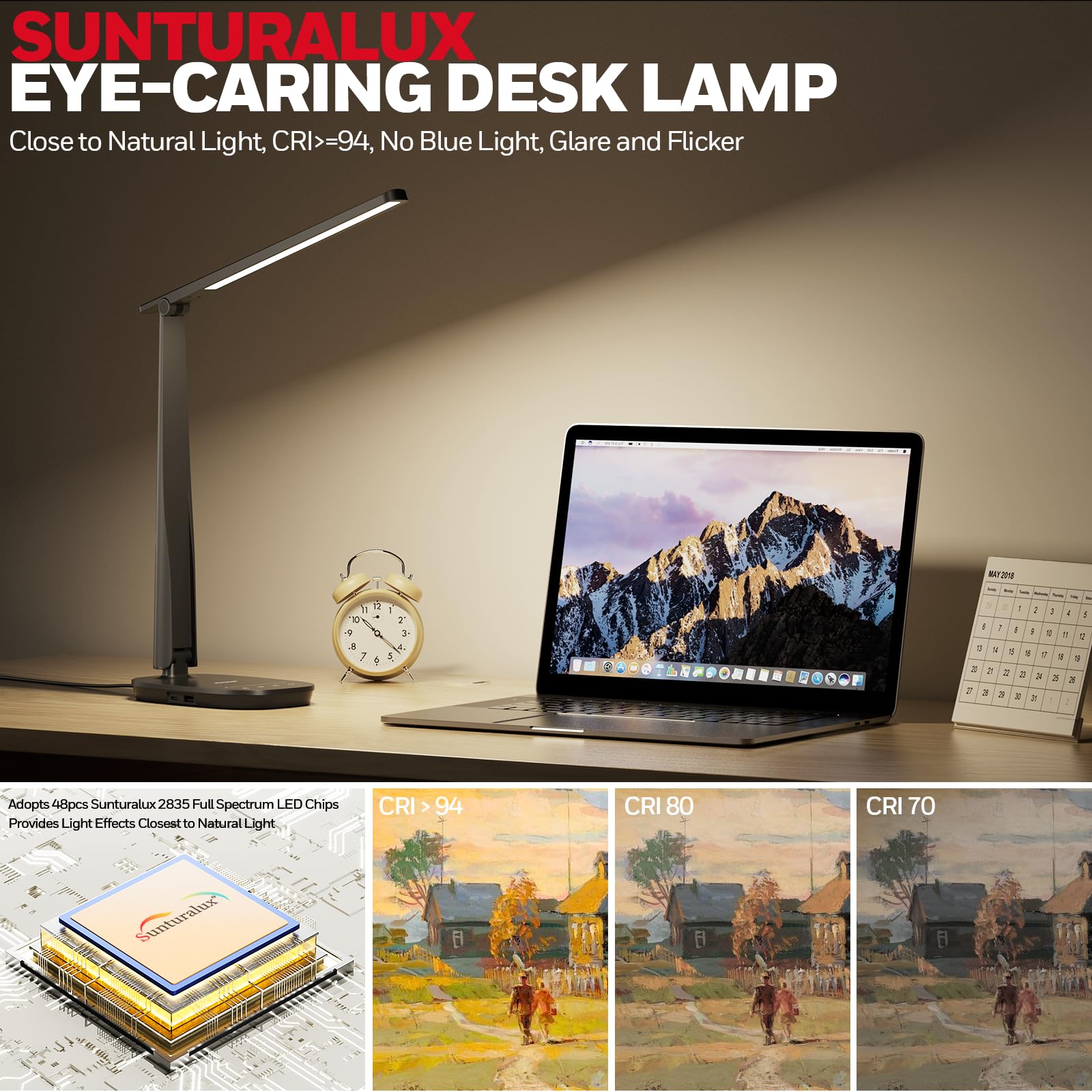 Honeywell LED Desk Lamp for Home Office, Eye-Caring Light with 4 Color Modes & Touch Control, USB A+C Charging Ports, Adjustable Rotating Head with Timer for Reading, Bedroom & Small Desks