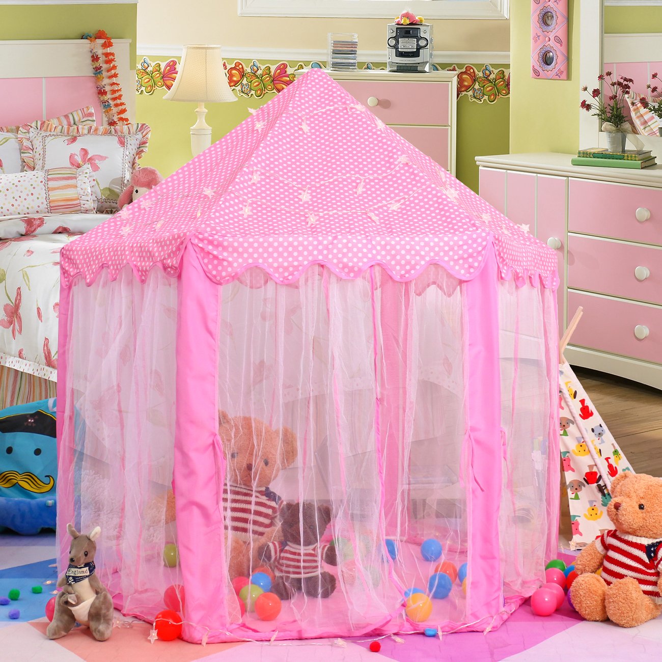 pink tent with star lights