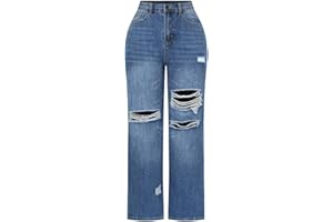 THUNDER STAR Womens High Waisted Wide Leg Jeans Stretchy Distressed Denim Pants