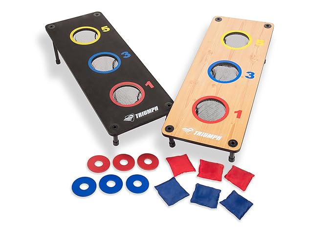 Triumph 2-in-1 Three-Hole Bags and Washer Toss Combo with Two Game Platforms Featuring On-Board Scoring, Six Square Toss Bags, and Six Washers